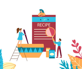 Tiny people cooking new dish. Food concept for cafe or restaurant. Vector flat illustration