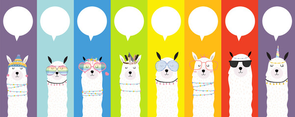 Collection of animal background set with llama,rainbow color.Editable vector illustration for birthday invitation,postcard and sticker