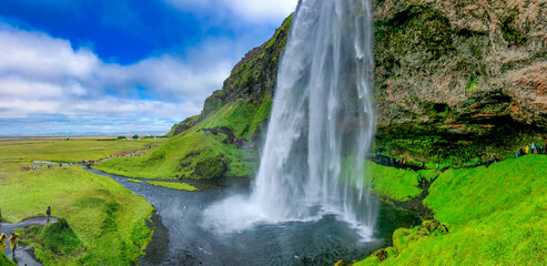 Poster - Seljalandfoss waterfalls in summer season, panoramic view