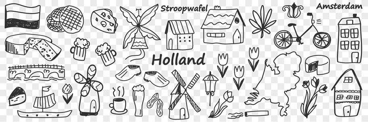 Wall Mural - Dutch traditional symbols doodle set. Collection of hand drawn various signs go Holland cheese windmill coffee bike tulip boat beer lamp buildings isolated on transparent background