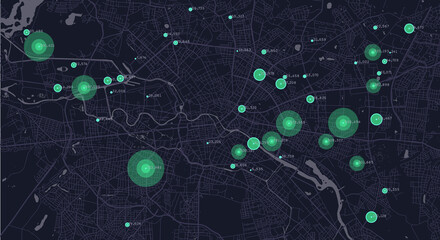 City planning. Urban big data map. Smart city. People activity analysis. Urban clusters hotspots. Megapolis monitoring technology.