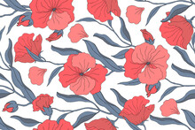 Art Floral Vector Seamless Pattern. Red Flowers, Buds With Blue Branches, Leaves And Petals Isolated On A White Background. For Textile, Fabric, Wallpaper, Kitchen Decor, Paper, Accessories.
