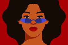 Young African American Woman With Curly Black Hair In Blue Sunglasses With Reflection. Black Strong Girl On A Red Background, Front View. Vector Illustration