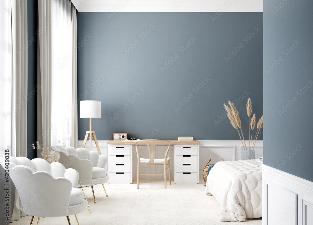Contemporary bedroom interior in white and blue colors, 3d render - obrazy, fototapety, plakaty 