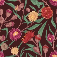 Seamless Botanical Pattern With Blossomed Colorful Flowers Of Eucalyptus. Endless Repeatable Floral Background. Texture Design For Printing And Decoration. Drawn Vector Illustration In Retro Style