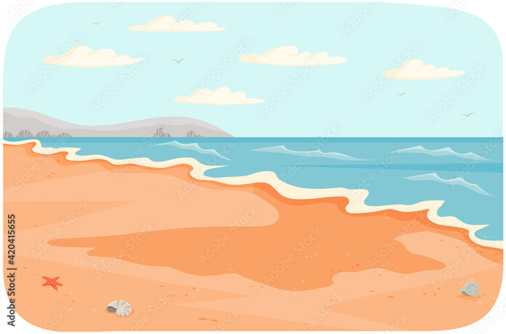 Water covers sandy beach with waves. Light breeze at high tide on ocean vector illustration - obrazy, fototapety, plakaty 