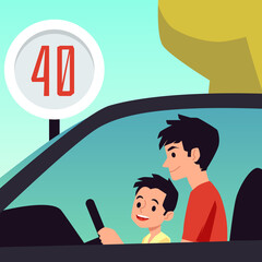 Wall Mural - Father and little boy driving a car. Cartoon man teaching son drive