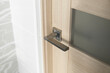 Chrome interior door handle installed on a kitchen door with a glass elements.