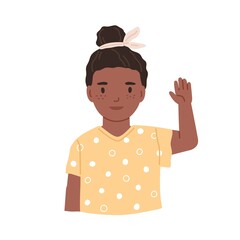 Wall Mural - Black-skinned girl greeting smb by hi gesture. Little child waving with hand and saying hello. Portrait of smiling African kid. Colored flat vector illustration isolated on white background