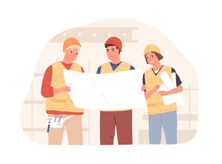 Foreman and workers in hard hats at construction site. Builders discussing building project or drawing of real estate. Colored flat vector illustration of constructors isolated on white background