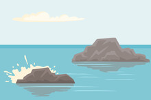 Landscape With Salty Water On Seashore. Waves Hit Rocks And Spray Scatters Vector Illustration