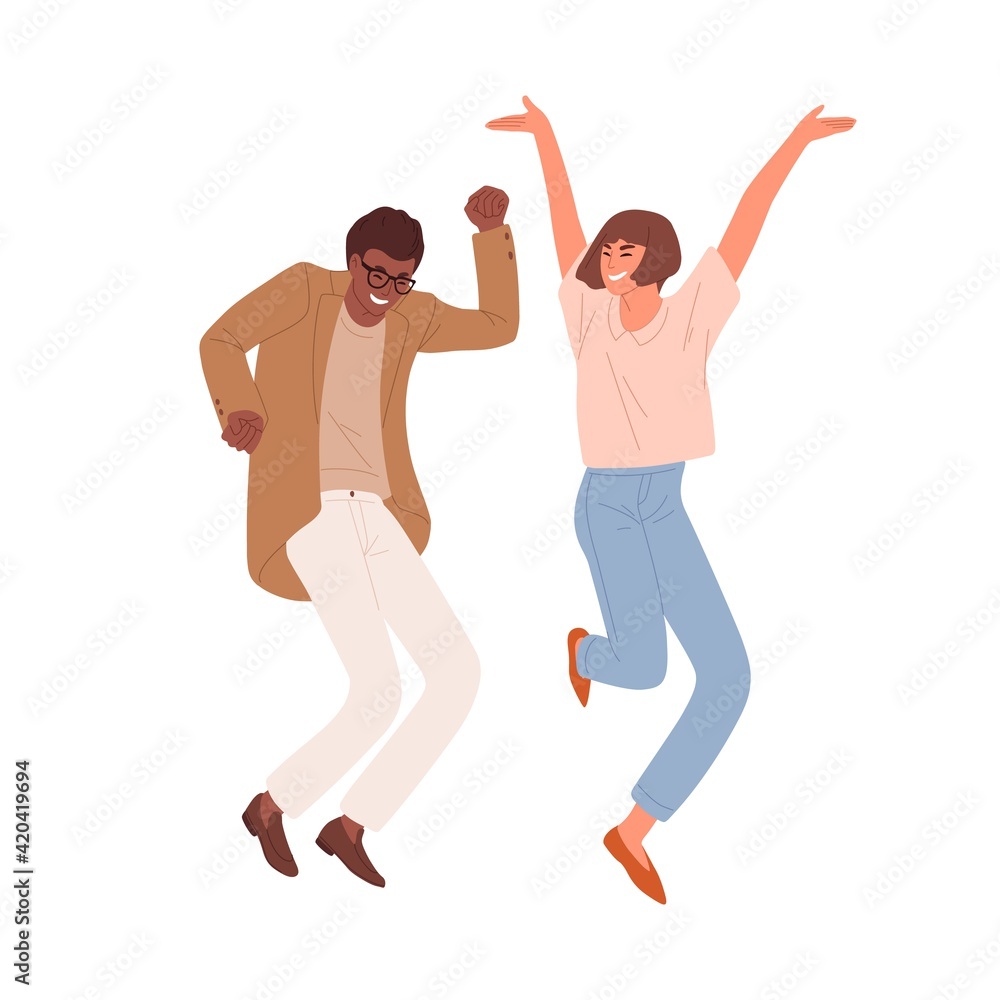 Happy people dancing and jumping, celebrating victory and success. Multiracial couple of colleagues having fun. Colored flat vector illustration of crazy office workers isolated on white background - obrazy, fototapety, plakaty 