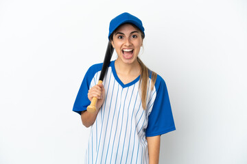 Young caucasian woman playing baseball isolated on white background with surprise facial expression