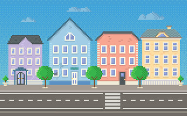 Wall Mural - Empty city with long road along houses vector illustration. City downtown landscape in pixel style