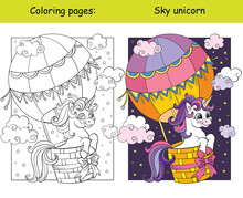 Cute Unicorn Flying In Hot Air Balloon In The Sky Coloring Vector And Template
