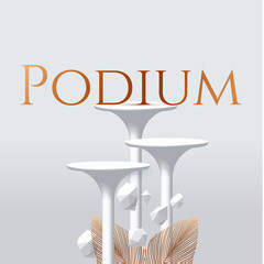 Wall Mural - 3D realistic white round table podium with soft light, geometric elements and gold leaves. Circle showcase. Product display