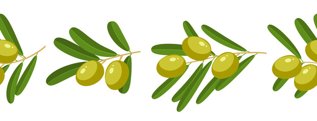 Wall Mural - Seamless horizontal composition of branches with green olives, template element for packaging design. Vector illustration flat isolated icon border set on white background.