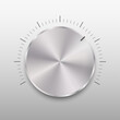 © Gurt - Realistic round metal volume button with shadow. Music knob with steel chrome brushed texture and sound level. Sound panel tuner interface. Template design for ui, app, web. Vector illustration