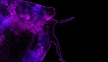 Wall Mural - Purple and blue shining star universe in the shape of a woman's profile silhouette in full height on a black background. A woman comes out of space