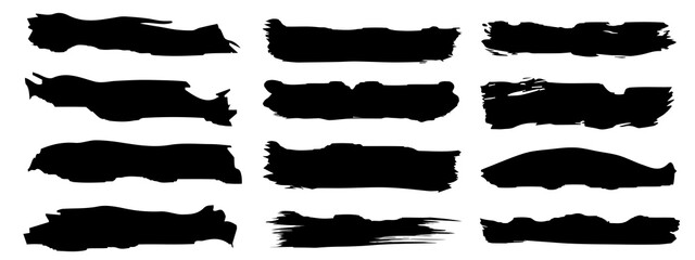 Vector collection of artistic grungy black paint hand made creative brush stroke set isolated on banner background. A group of abstract grunge sketches for design education or graphic art decoration