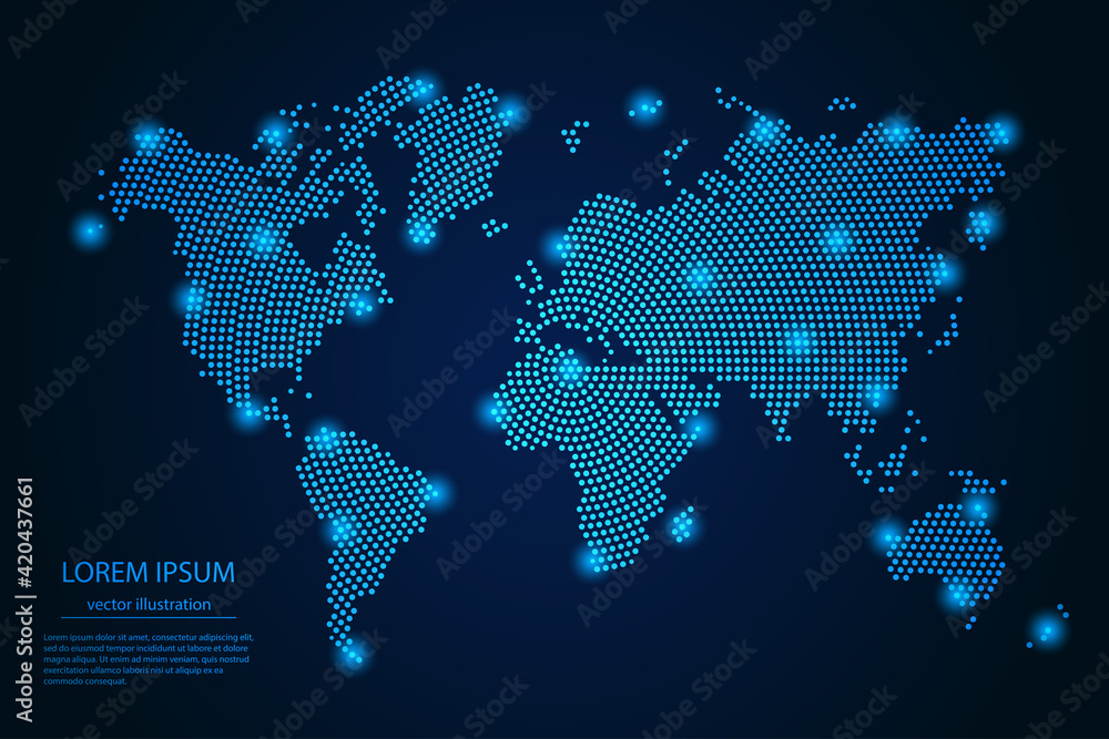 Abstract image World map from point blue and glowing stars on a dark ...