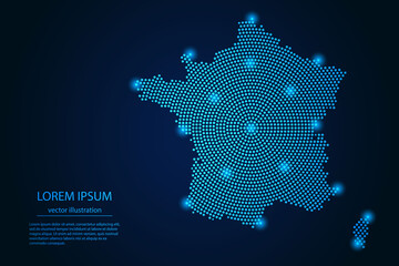 Wall Mural - Abstract image France map from point blue and glowing stars on a dark background. vector illustration.