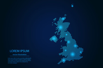 Wall Mural - Abstract image United Kingdom map from point blue and glowing stars on a dark background. vector illustration. Vector eps 10.