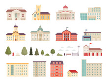 Urban Municipal Houses. Different Buildings In City Infrastructure Office Police And Fire Station Bank Supermarkets Hospital Campus Nowaday Vector Modern Houses