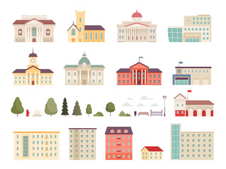 Urban municipal houses. Different buildings in city infrastructure office police and fire station bank supermarkets hospital campus nowaday vector modern houses