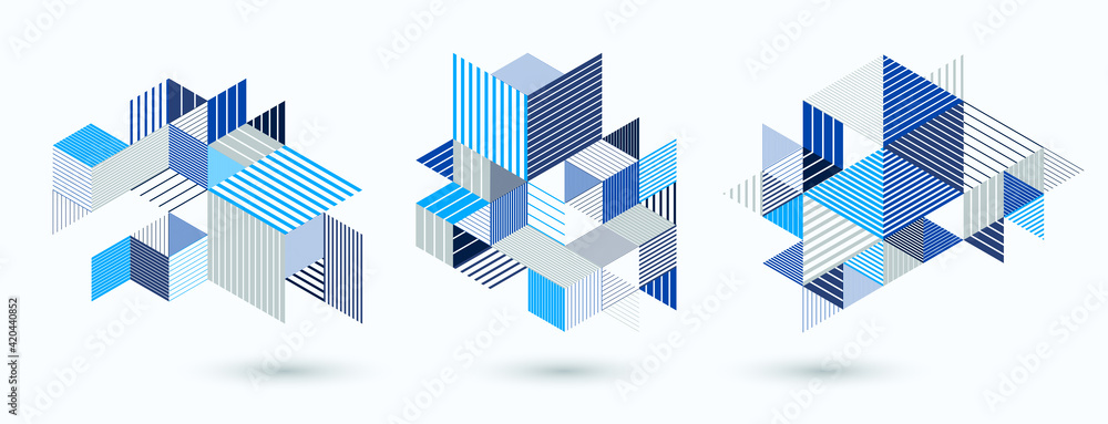 Line design 3D cubes and triangles abstract backgrounds set, polygonal low poly isometric retro style templates. Stripy graphic elements isolated. Templates for posters or banners, covers or ads. - obrazy, fototapety, plakaty 