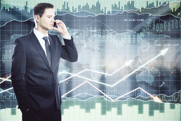 Wall Mural - Successful investing concept with trader man talking on the phone on digital screen with growing financial chart graphs background