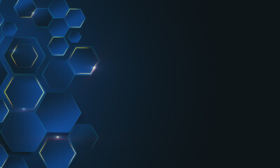 Abstract technological backdrop with blue honeycomb of different size and dark copyspace for your sign or logo