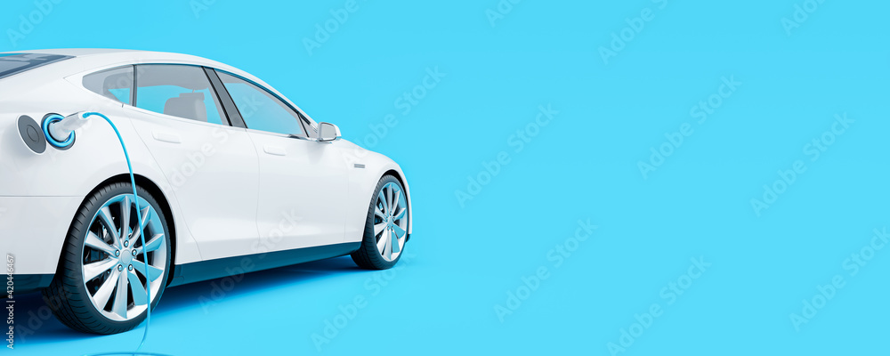 White electric car connected to charger on blue background 3D Rendering, 3D Illustration - obrazy, fototapety, plakaty 