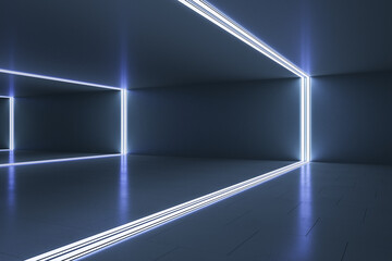 Blank dark wall, concrete tiles and led lights dividing space in empty futuristic interior design hall