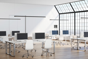 White style sunny open space office with modern furniture, light walls, big window and wooden floor