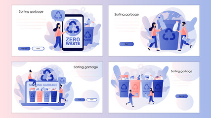 Recycling garbage. Tiny people sorting garbage waste in containers for recycling. Screen template for mobile smart phone, landing page, template, ui, web, mobile app, poster, banner, flyer. Vector 