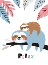 Sloth Mom And Little Baby Sloth. Mother's Day Vector Print