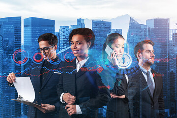 Wall Mural - Group of business colleagues as a part of multinational corporate team working on project to protect clients information at cybersecurity compliance division. IT lock icons over Singapore