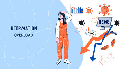 Information overload web banner interface with woman confused about a lot of news, flat cartoon vector illustration. Information overloading and stressful disturbing news.