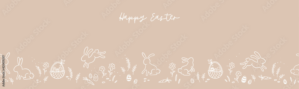 Lovely hand drawn horizontal Easter seamless pattern, cute bunnies, eggs ad flowers, great for spring textiles, banners, wallpapers, backgrounds - vector design - obrazy, fototapety, plakaty 