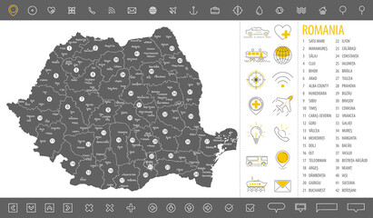 Detailed monochrome map of Romania, gray country territory with geographic borders and administrative divisions on white background, travel icons set, vector illustration