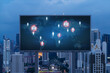 © VideoFlow - Hologram of Earth planet map on billboard over night panoramic cityscape of Kuala Lumpur, Malaysia, Asia. The concept of international companies in KL. Globe