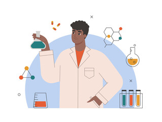 Wall Mural - chemistry science, pharmacy concept. african american male scientist in uniform working in a chemica