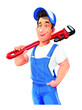 © aleksangel - Plumber man with pipe wrench. Work occupation. Pipe repair Service. Cartoon character, Isolated on white background. Eps10 vector illustration.
