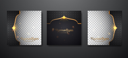 Ramadan background for social media post design template. Islamic banner ad with luxury black gold effect. Editable photo space for content or tag. Vector illustration.