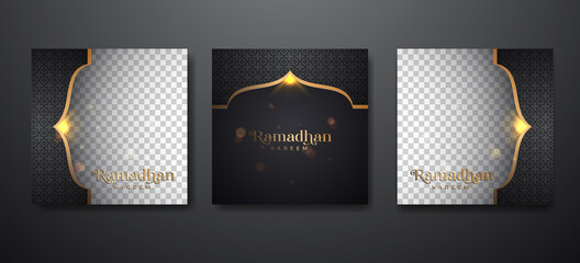 Wall Mural - Ramadan background for social media post design template. Islamic banner ad with luxury black gold effect. Editable photo space for content or tag. Vector illustration.