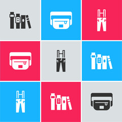 Sticker - Set Book, Waist bag of banana and Pants with suspenders icon. Vector