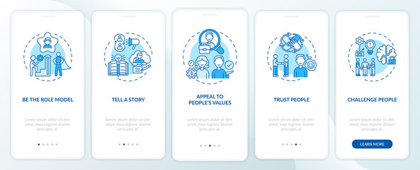 Tips of how to motivate people onboarding mobile app page screen with concepts. Telling motivation story walkthrough 5 steps graphic instructions. UI vector template with RGB color illustrations