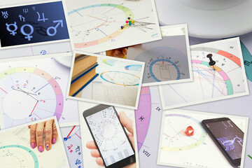 workplace of a modern astrologer. collage of photos. astrologer's accessories: astrological charts a