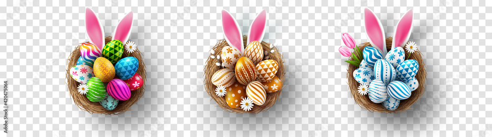 Easter eggs and Rabbit ears in the nest on transparent background.Greetings and presents for Easter day in flat lay styling.Promotion and shopping template for Easter - obrazy, fototapety, plakaty 